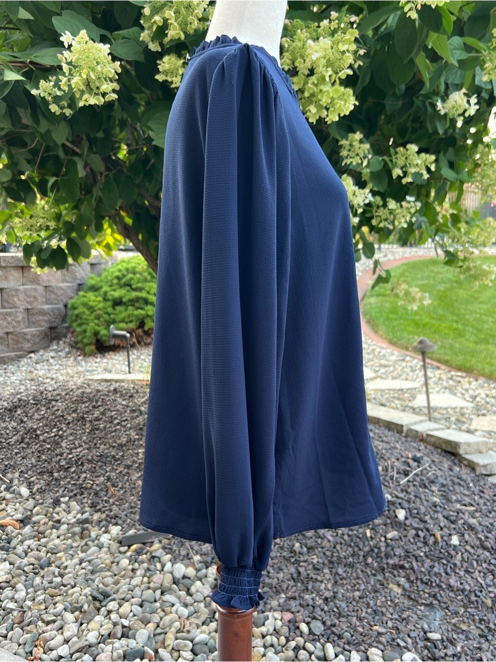 CeCe Dark Navy Pintuck Ruffle-Neck Long Sleeve Blouse - Picture 3 of 14